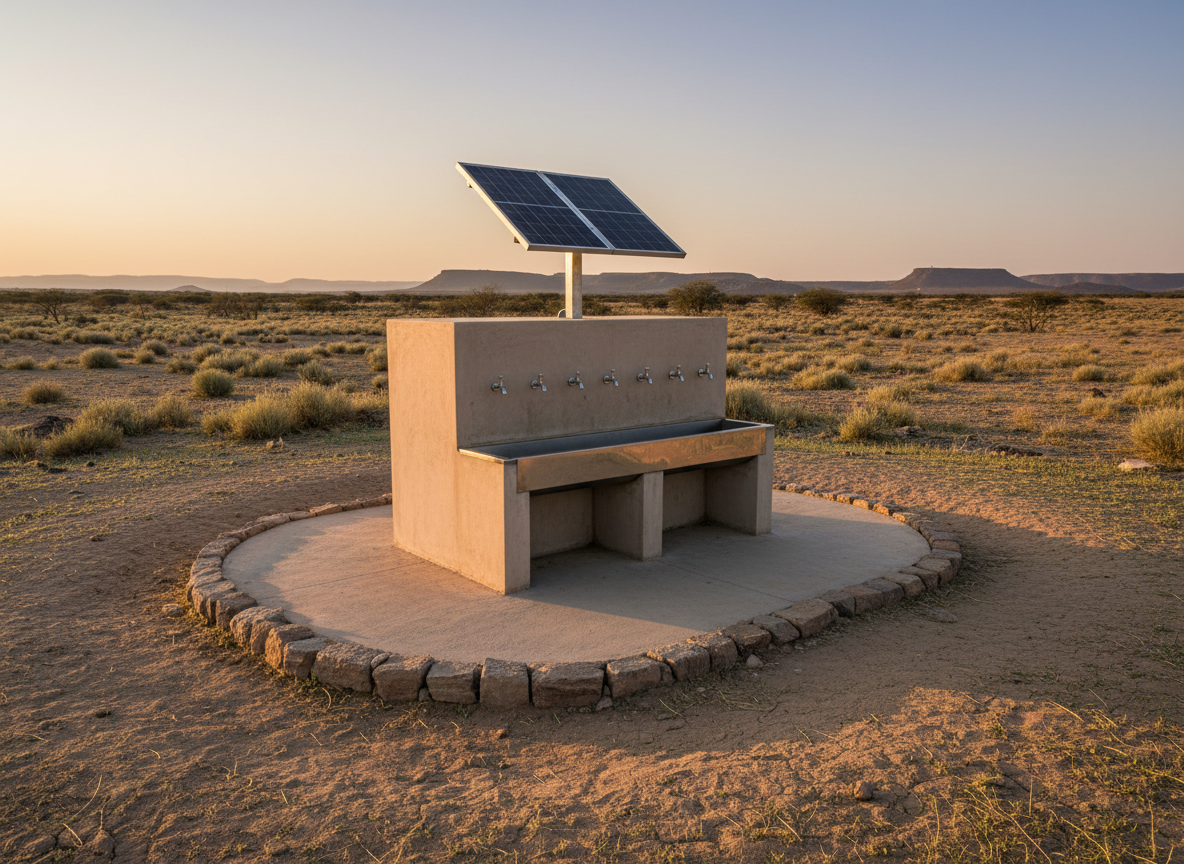 An elevated, wide photographic view of a modest, solar-powered water station built from simple concrete, painted light beige, with a gleaming metal water trough and a row of sturdy taps. A compact solar panel array is mounted above on a metal frame, carefully angled toward the sun. The structure stands on a leveled patch of ground bordered by stones, with sparse shrubs and dry terrain stretching outward to low hills in the distance. The golden hour light bathes the scene in warm tones, casting long, gentle shadows and bringing out subtle textures in the concrete and metal. Composed with a balanced, documentary style, the image conveys stability, dignity, and long-term reliability in an otherwise harsh environment.