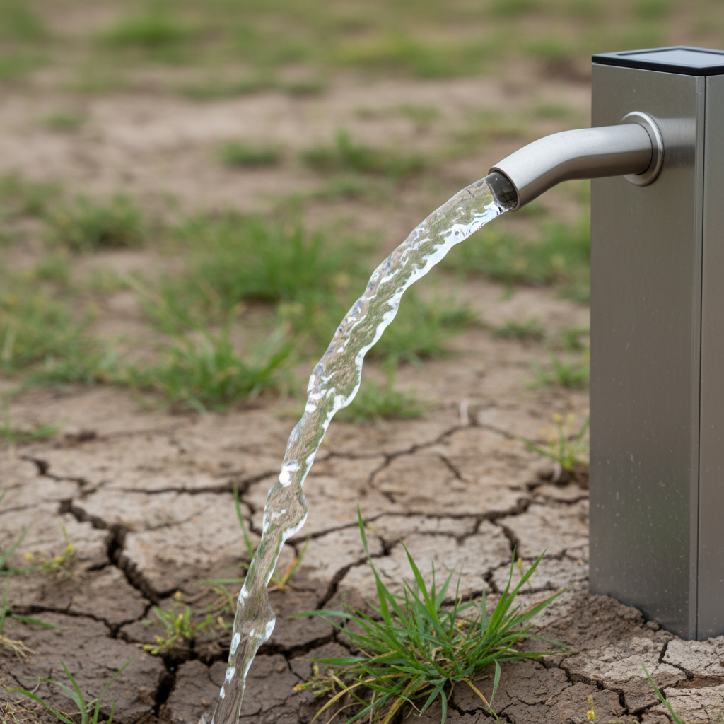 A close-up, photographic image of crystal-clear water pouring from a brushed stainless steel tap attached to a solar-powered well unit. The water arc is frozen mid-flow, with individual droplets sparkling like tiny gems against a softly blurred background of parched, cracked earth transitioning into small patches of emerging green grass. Soft, diffused overcast light eliminates harsh shadows, creating a clean, documentary feel. Shot with a shallow depth of field and a slightly low angle, the composition centers the purity and transparency of the water, evoking relief and renewal. The aesthetic is modern and minimal, focusing on textures—the smooth metal, the glasslike water, and the rough, dry soil—to visually communicate the life-saving importance of clean water access.