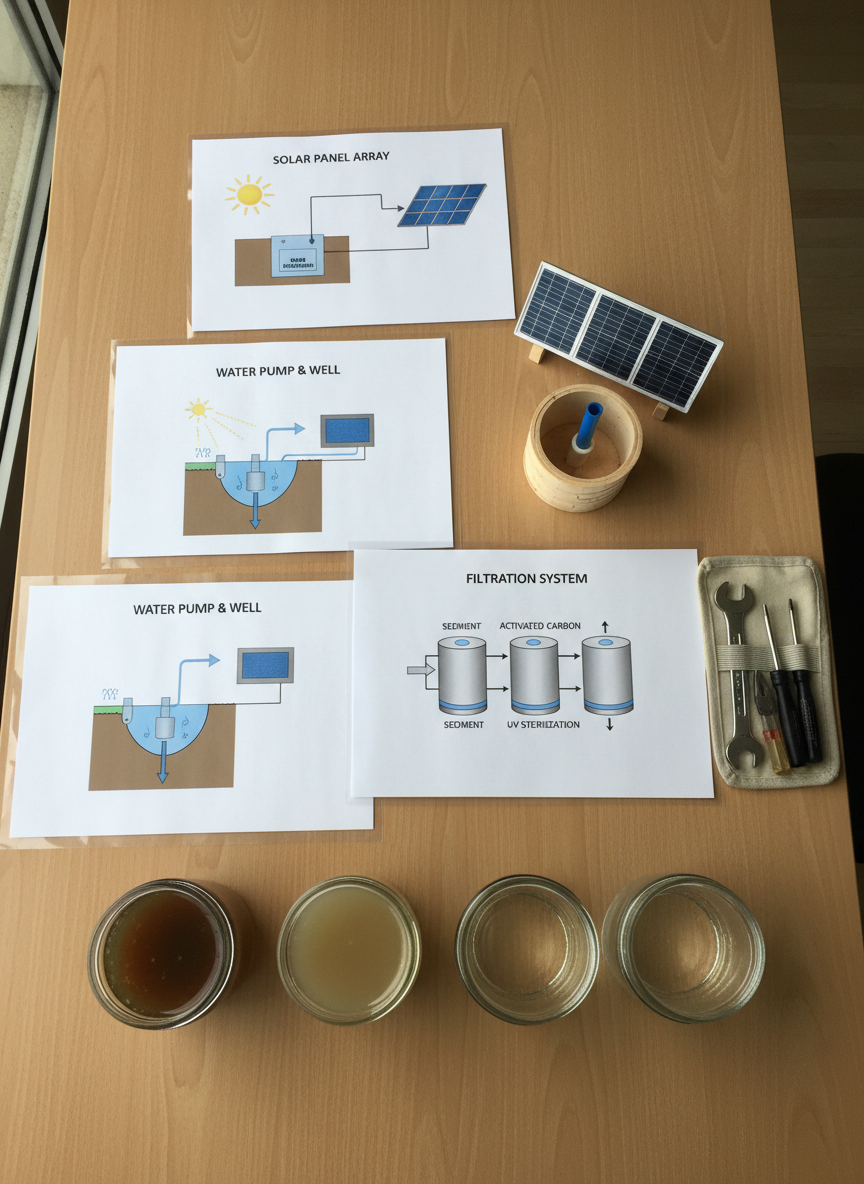 A top-down, photographic view of a detailed educational display laid out on a simple wooden table, explaining how a solar-powered water system works. There are labeled diagrams printed on crisp white paper, a small model of a well with a blue plastic pipe, miniature solar panels, clear jars of water showing stages of filtration from murky to perfectly clear, and a basic toolkit neatly arranged at the side. Natural window light from the left creates soft shadows and gentle highlights on the paper and objects, maintaining a calm, informative mood. The composition is tidy and balanced, with sharp focus across the entire frame, reflecting clarity, transparency, and the step-by-step journey from scarcity to safe, reliable water.