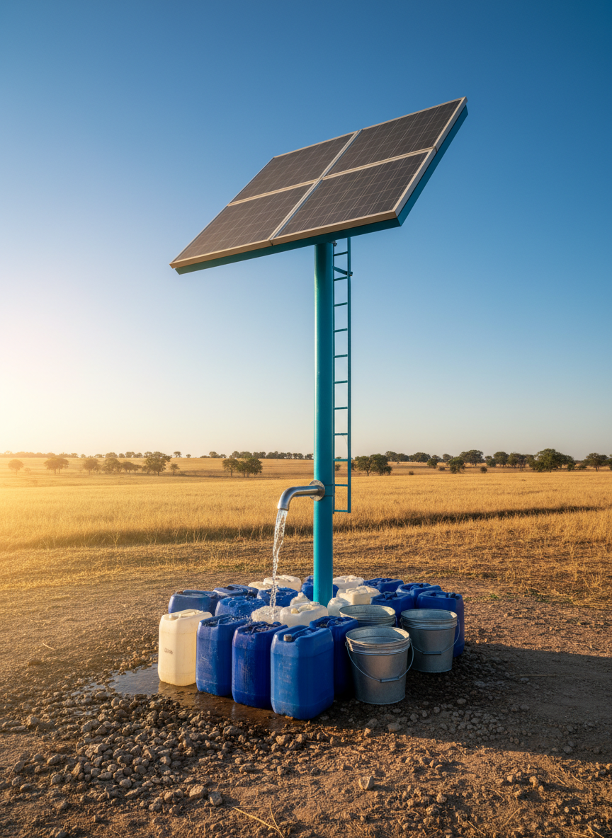 A bright blue, solar-powered water well tower constructed from sturdy metal and clean white panels stands in the center of a sunlit rural clearing. At its base, clear water flows steadily from a stainless steel spout into neatly arranged plastic and metal containers, their surfaces glistening with droplets. The ground is a mix of compacted earth and small stones, with a backdrop of dry, golden fields and a distant tree line under a deep blue sky. Captured in photographic realism at eye level, with warm late-afternoon sunlight casting soft, hopeful shadows and a gentle lens flare, the composition uses the rule of thirds to emphasize the well as a symbol of life, reliability, and modern sustainability.
