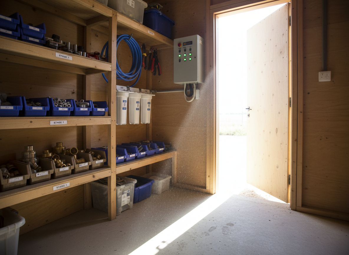 Inside a small, clean storage shelter beside a solar-powered water well, stacks of neatly organized tools and spare parts line simple wooden shelves. Coiled blue hoses, labeled water filters, gleaming metal fittings, and a wall-mounted control box with green indicator lights suggest careful maintenance and long-term planning. A single open doorway lets in strong midday sunlight, creating a beam of light that cuts across the slightly dusty floor and highlights floating particles in the air. Shot in photographic realism from a slightly low, three-quarter angle, the composition leads the eye from the foreground tools to the bright doorway, symbolizing preparedness, stewardship, and the unseen infrastructure that makes continuous access to clean water possible.